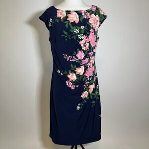 NWT Anne Klein Navy Blue Pink Floral Cap Sleeve Ruch Sheath Dress Womens Size 10